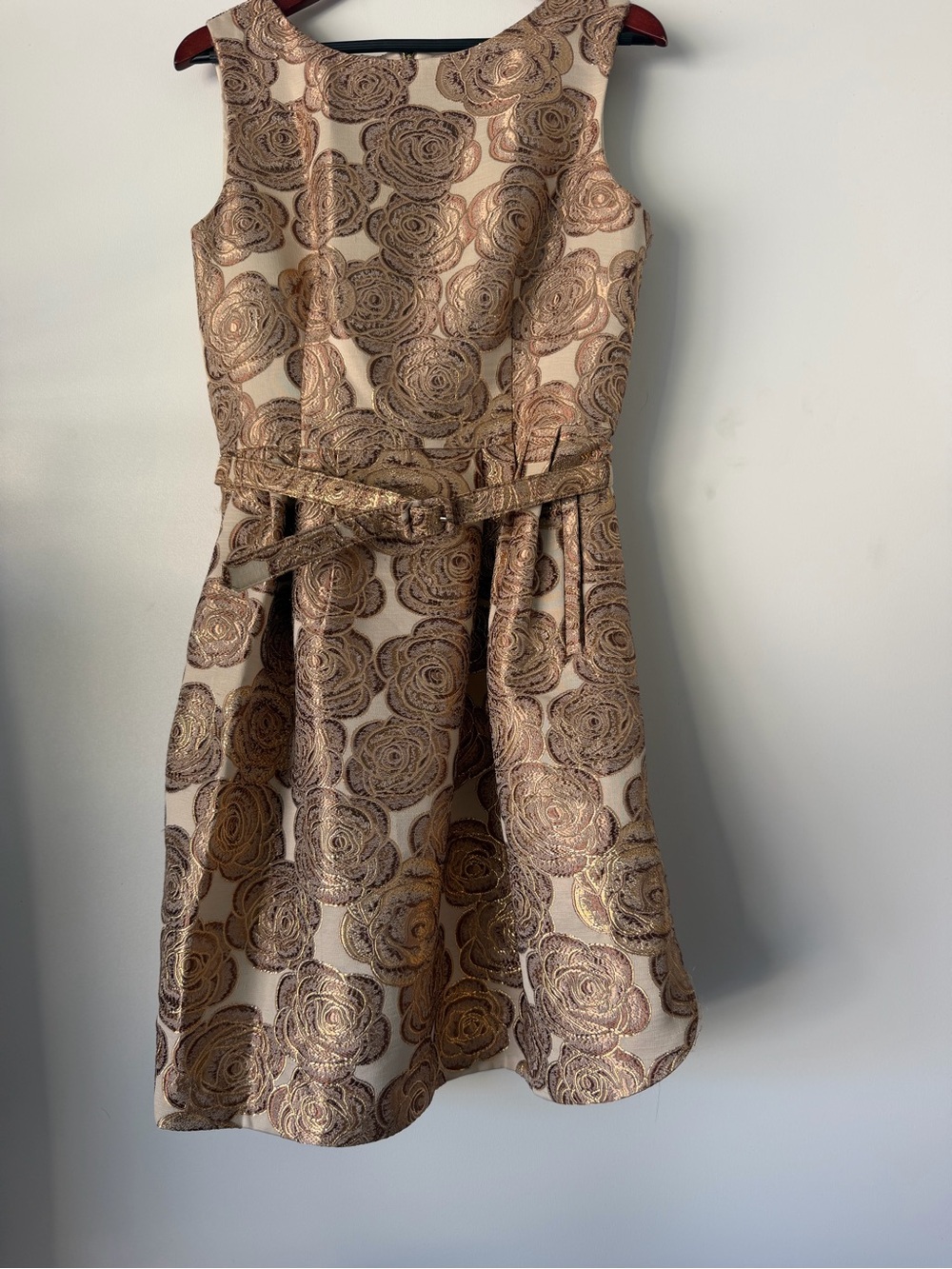 Eliza J Gold Floral Brocade Fit & Flare Sleeveless Dress wBelt SZ 12 Luxury Glam